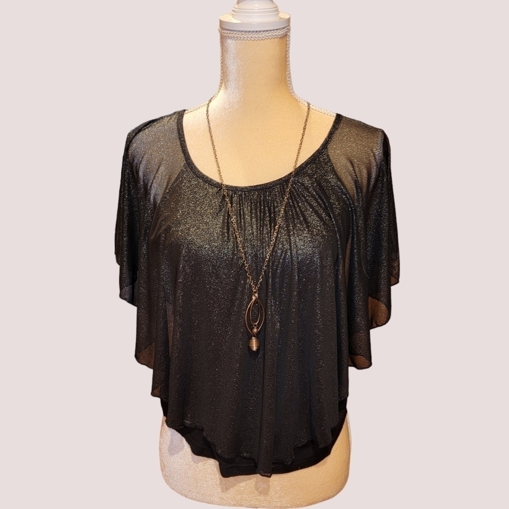 PAPAYA Slinky Black Blouse with attached Necklace Dressy Size S T36